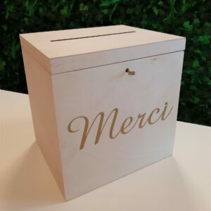 Urne en bois avec flocage doré "Merci" avec clé - 30 x 25 cm (modèle divers)