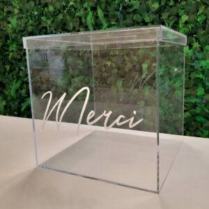Urne en plexiglas avec flocage blanc "Merci"- 25 cm